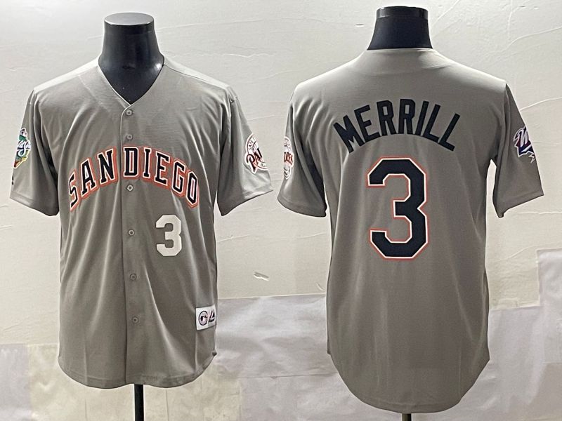 Men 2025 San Diego Padres #3 Merrill Grey Throwback Game Nike MLB Jersey style 2